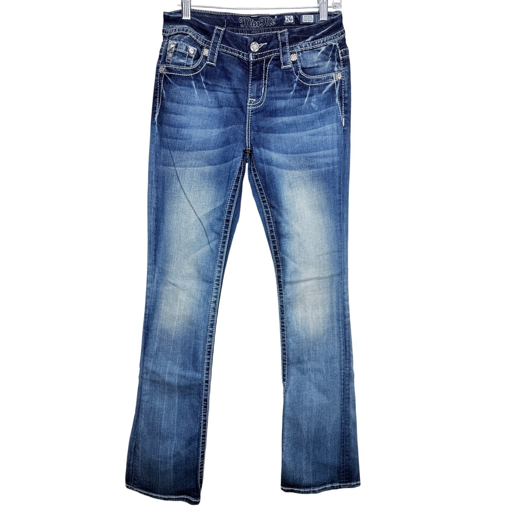 Miss Me Womens Easy Bootcut Jeans 26 Blue Embellished Flap Pocket Mid Rise Y2K